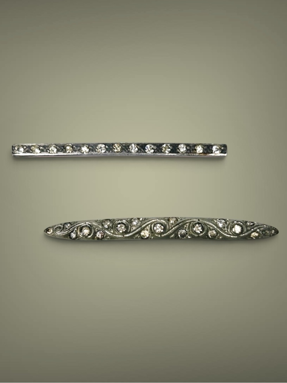 2 Antique Bar Brooch Pins Art Deco Era Paste Stones 1 Glass 1 Pot Metal